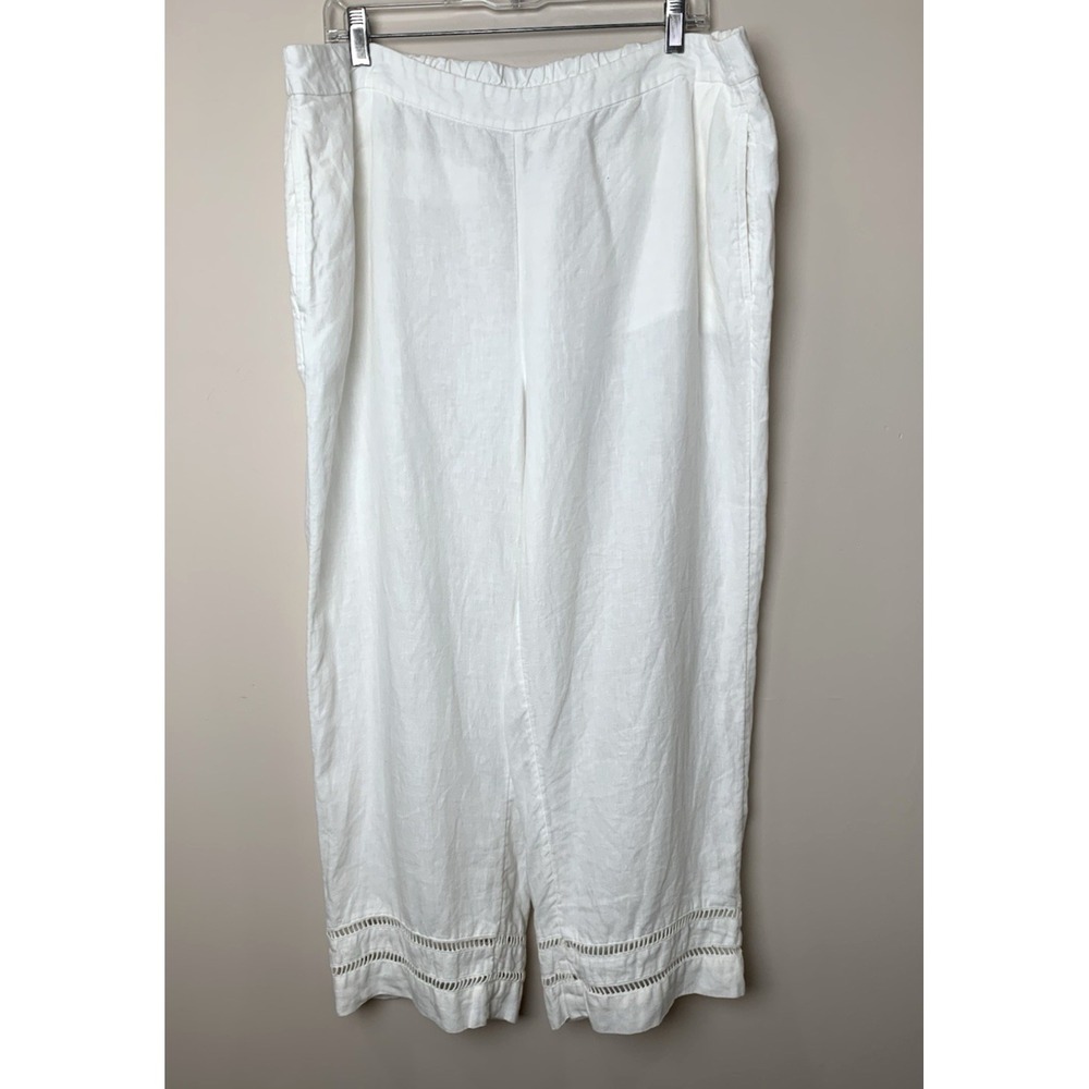 Chico's Linen Pant Womens 3 (16) White Wide Leg Cropped Pull On Flat Front Beach